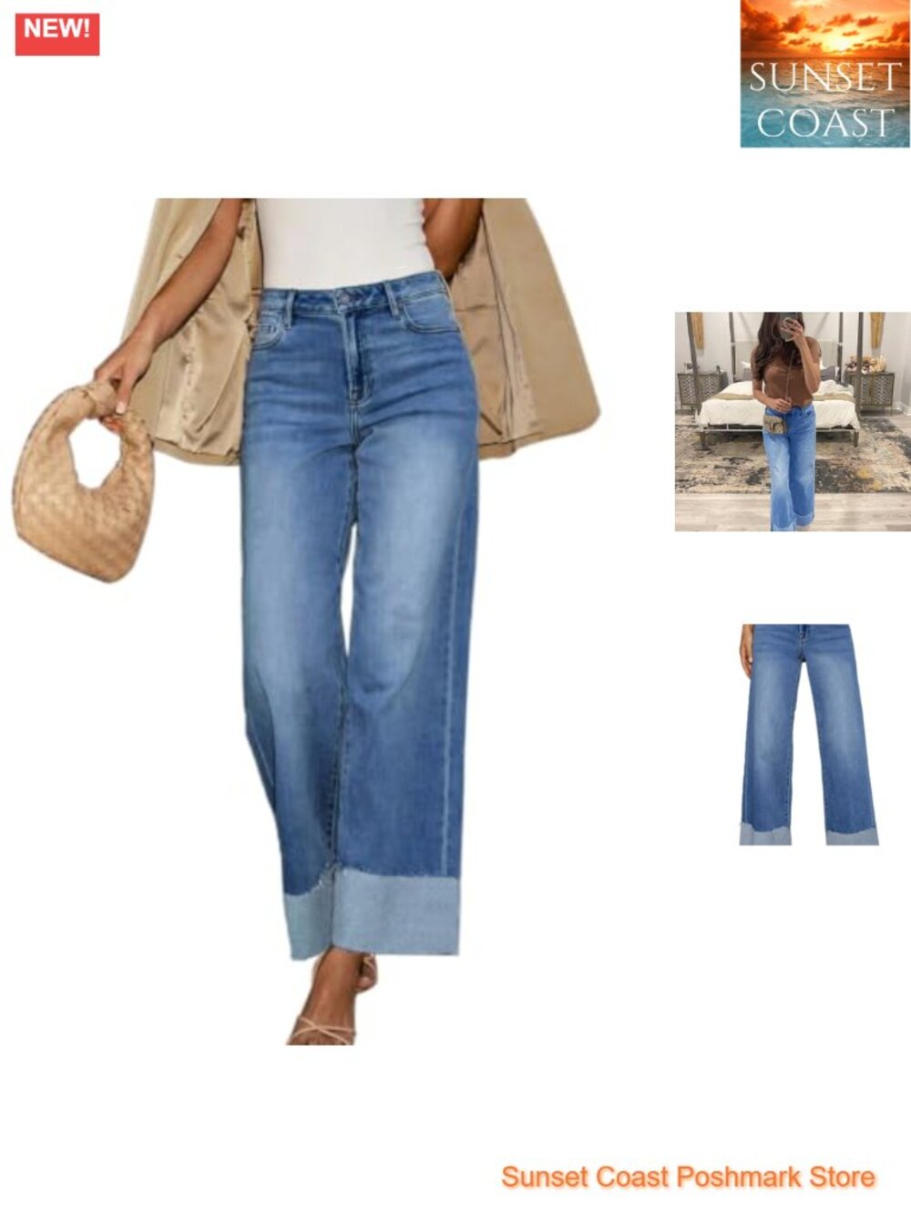 High Waisted Wide Leg Cuffed Jeans Frayed Raw Hem Stretch Denim